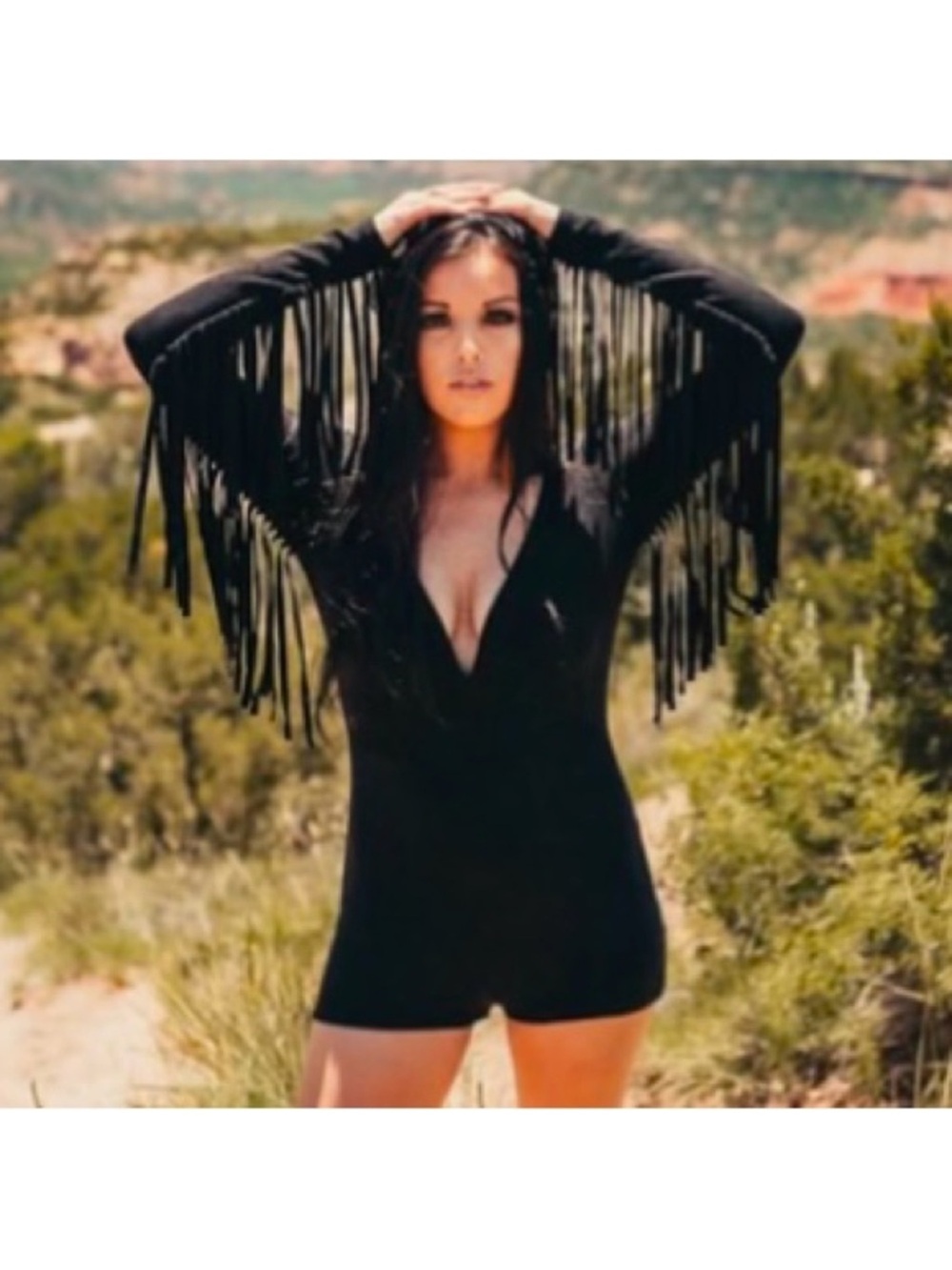 Bear Dance Black Faux Suede Fringe Western Cowgirl Festival Romper. Size Medium.